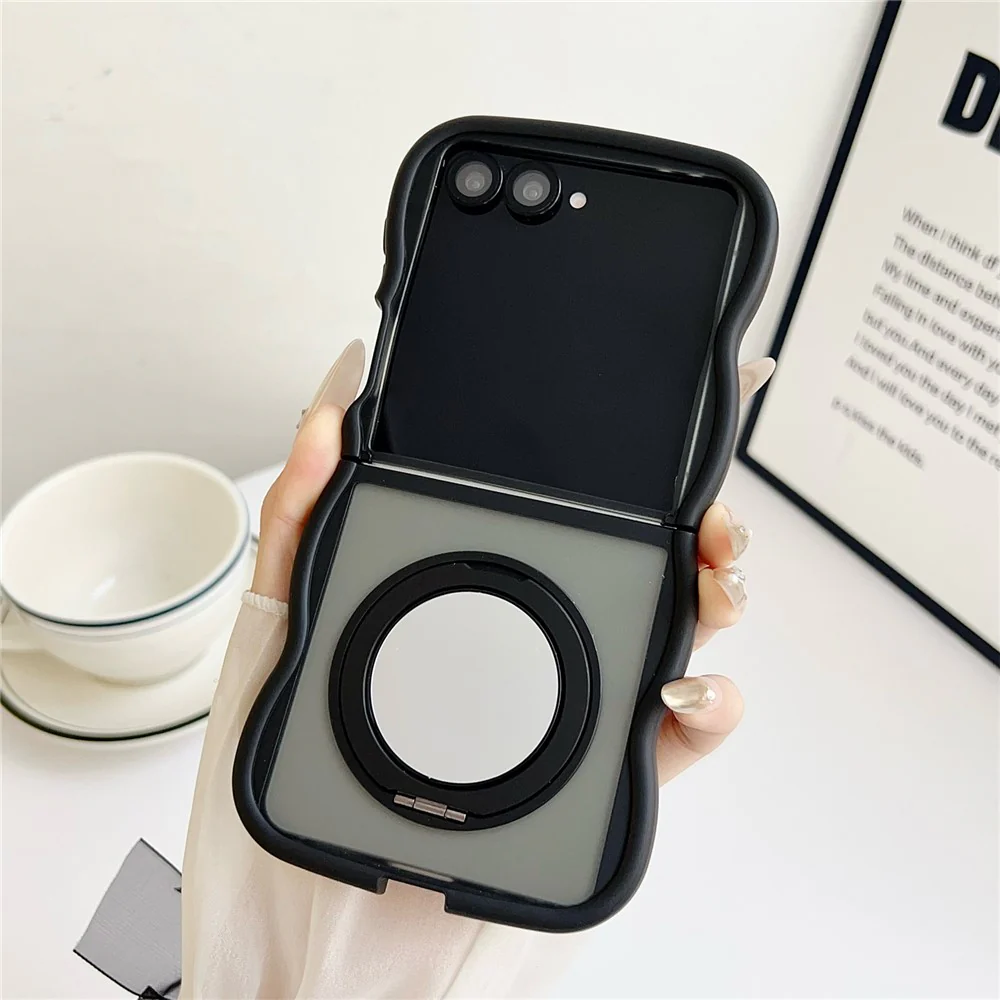 For Samsung Galaxy Z Flip7 5G Magnetic Case Mirror Rotating Kickstand Wave Edge TPU + PC Phone Cover - Black - Image 2