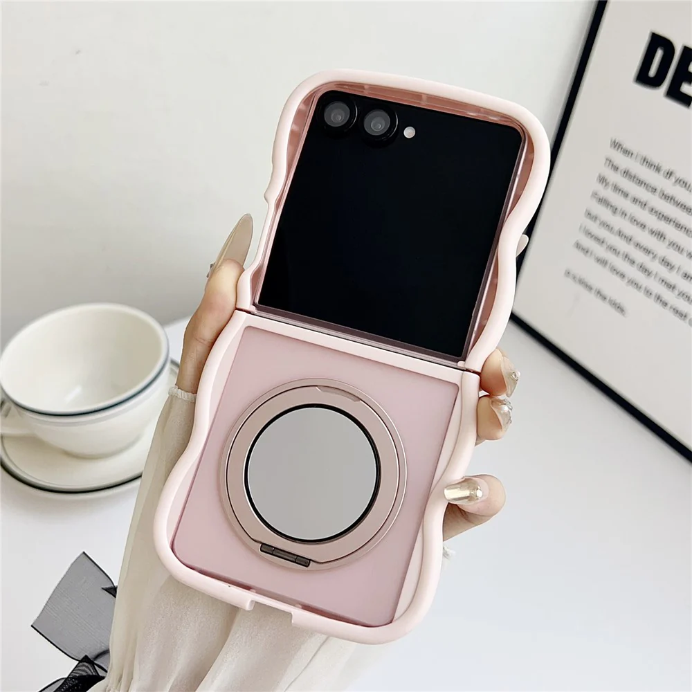 For Samsung Galaxy Z Flip7 5G Magnetic Case Mirror Rotating Kickstand Wave Edge TPU + PC Phone Cover - Pink - Image 2