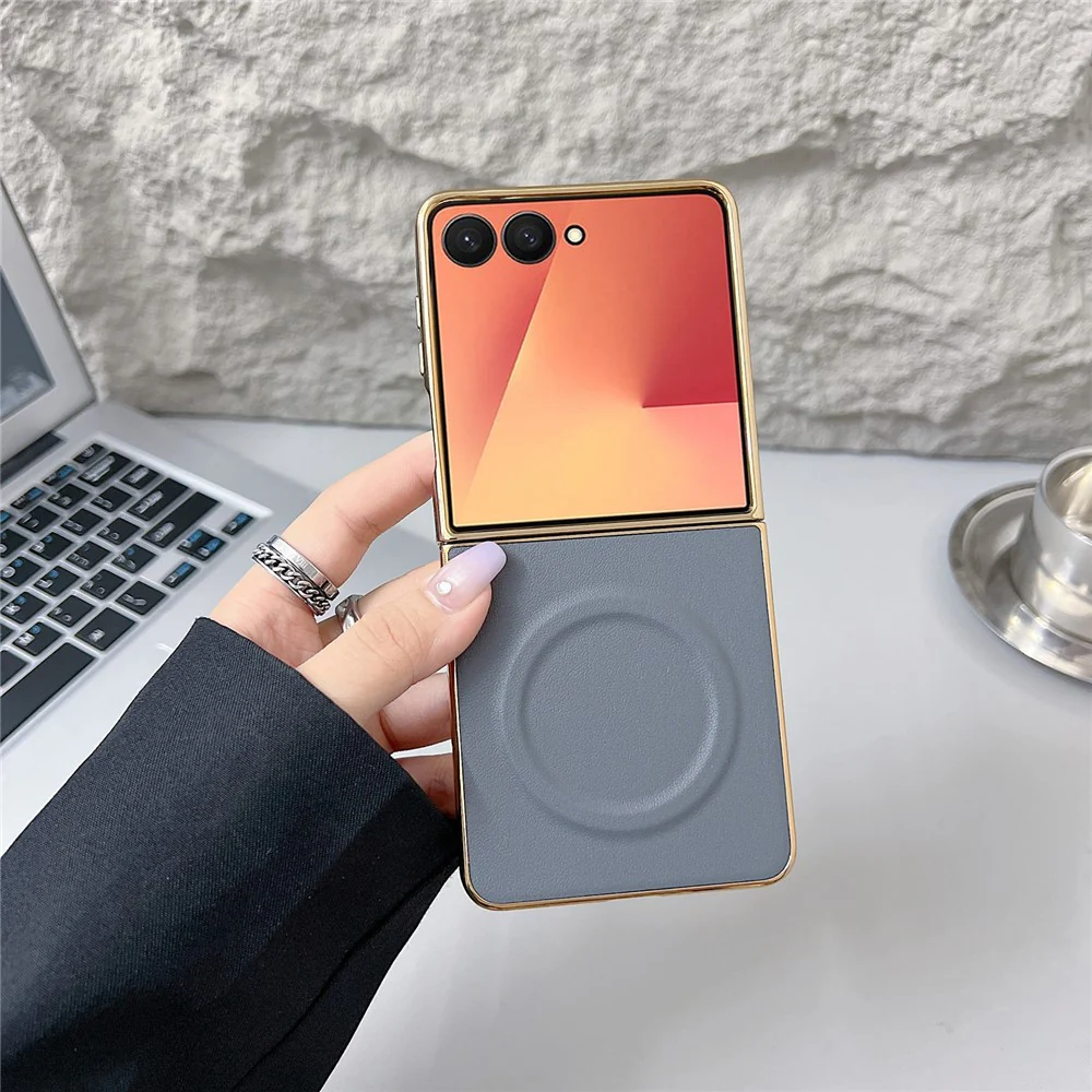 For Samsung Galaxy Z Flip7 5G Magnetic Case Nappa Texture PU + TPU + PC Phone Back Cover - Navy Blue