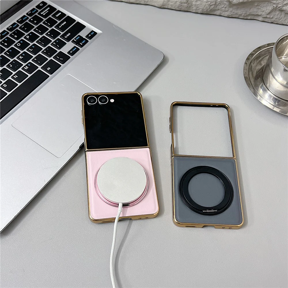 For Samsung Galaxy Z Flip7 5G Magnetic Case with Rotating Kickstand Nappa Texture PU TPU PC Phone Back Cover - Black - Image 7