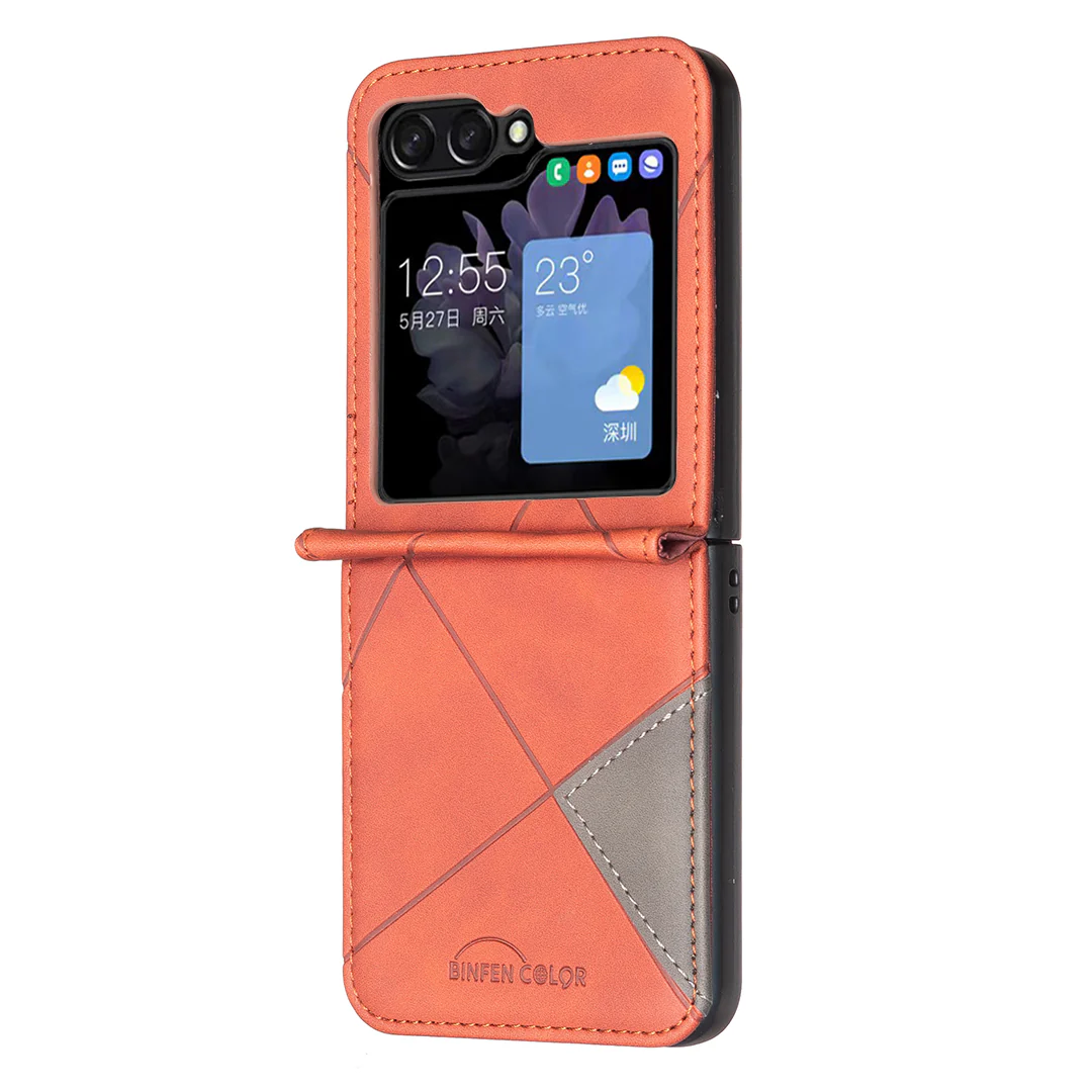 For Samsung Galaxy Z Flip7 5G Phone Case BINFEN COLOR Wallet Stand Geometry Imprinted Leather Cover - Brown - Image 3