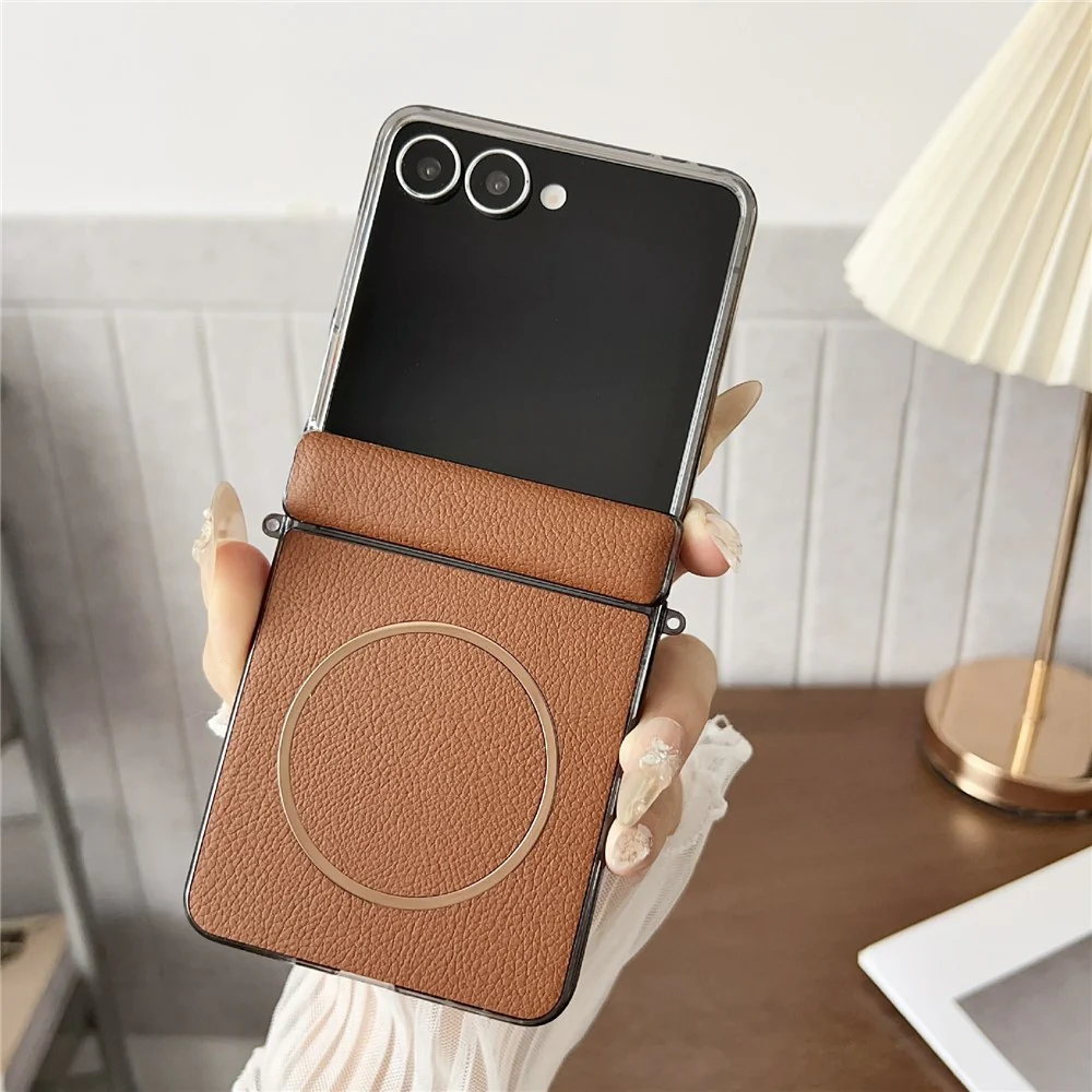 For Samsung Galaxy Z Flip7 5G Phone Case Compatible with MagSafe Leather + PC Protective Cover - Brown