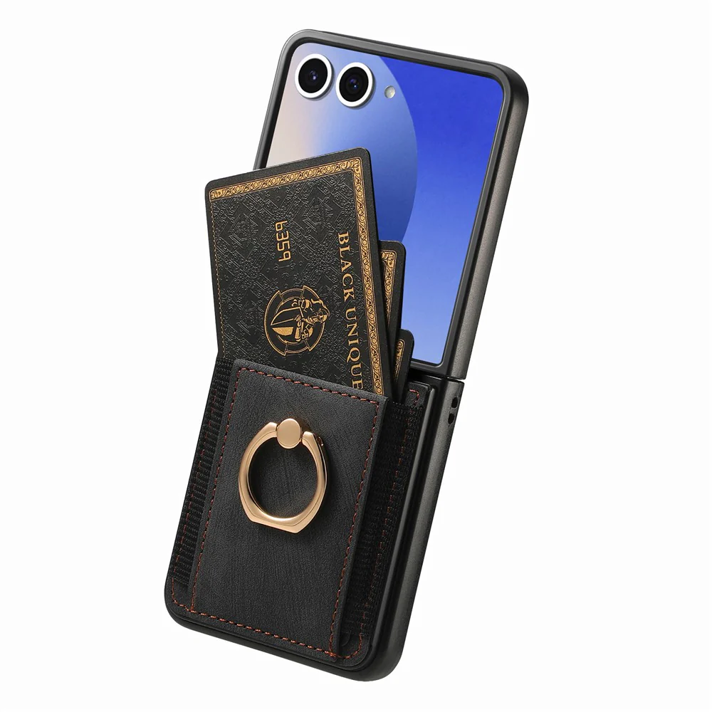 For Samsung Galaxy Z Flip7 5G Phone Case Leather Back Cover with Card Slots Kickstand - Black - Image 2