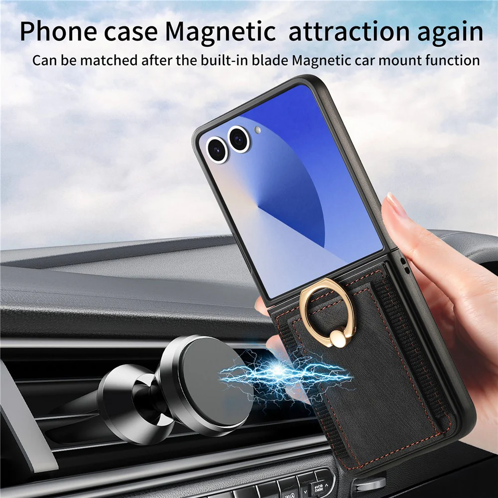 For Samsung Galaxy Z Flip7 5G Phone Case Leather Back Cover with Card Slots Kickstand - Black - Image 6