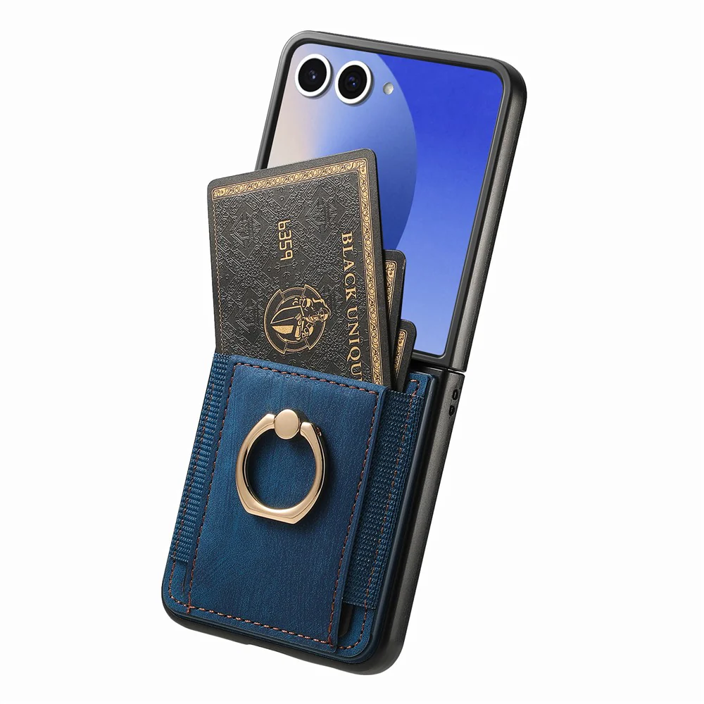 For Samsung Galaxy Z Flip7 5G Phone Case Leather Back Cover with Card Slots Kickstand - Blue - Image 3