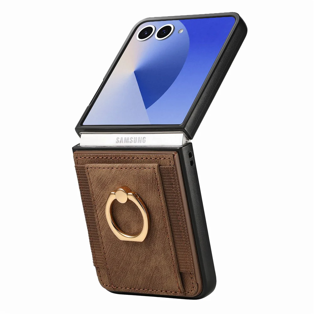 For Samsung Galaxy Z Flip7 5G Phone Case Leather Back Cover with Card Slots Kickstand - Brown - Image 3