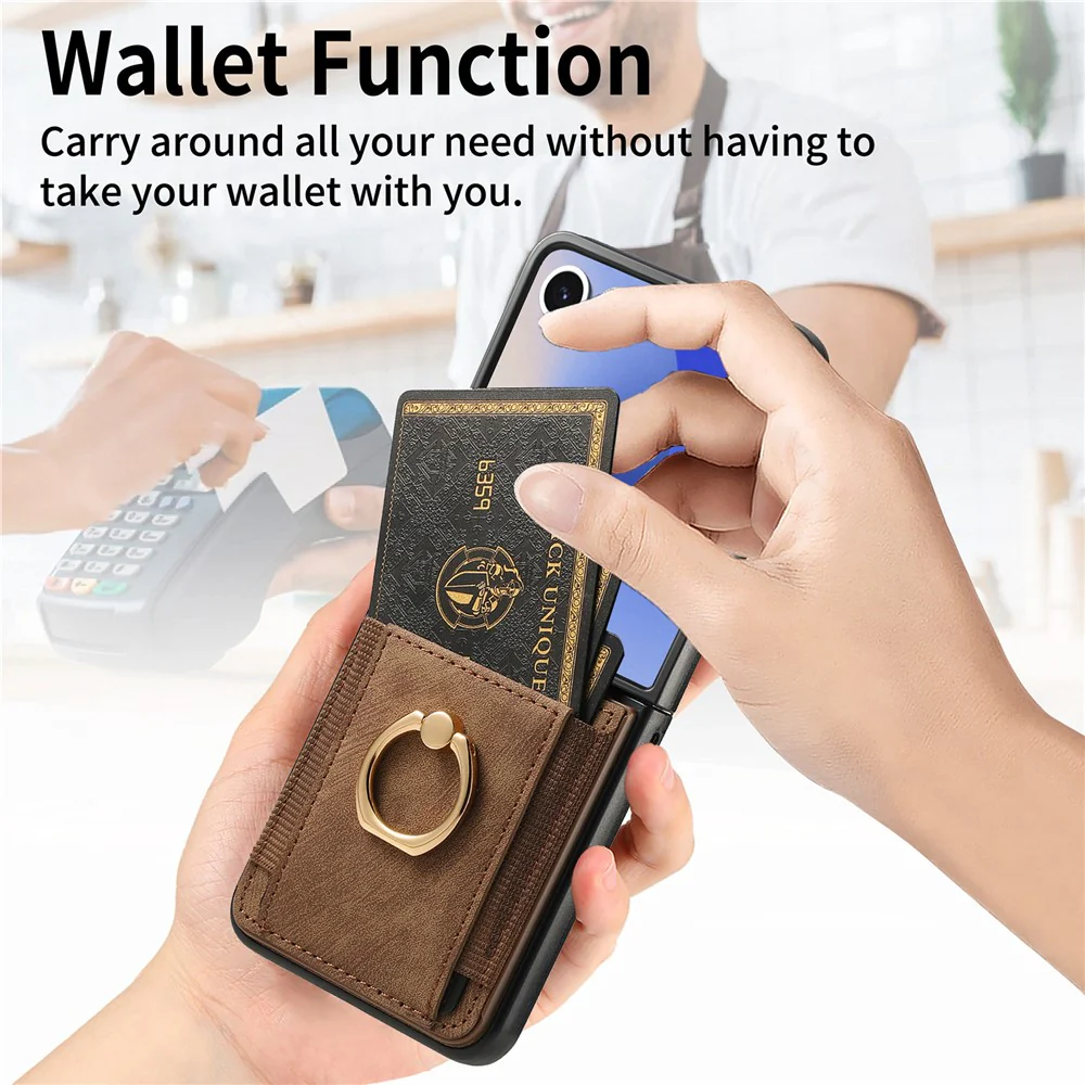For Samsung Galaxy Z Flip7 5G Phone Case Leather Back Cover with Card Slots Kickstand - Brown - Image 7