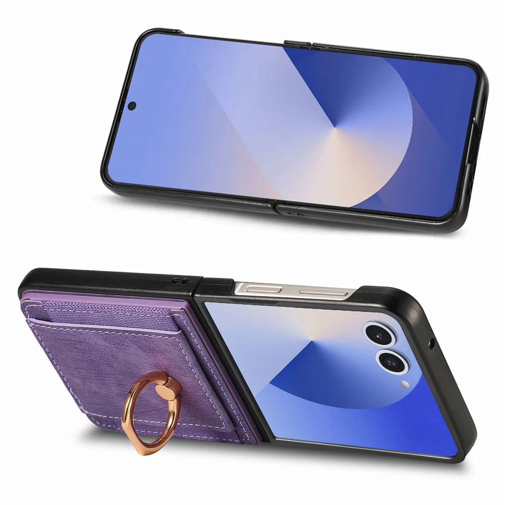 For Samsung Galaxy Z Flip7 5G Phone Case Leather Back Cover with Card Slots Kickstand - Purple - Image 4