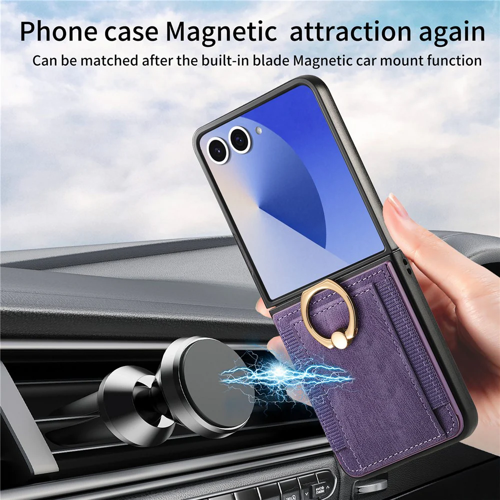 For Samsung Galaxy Z Flip7 5G Phone Case Leather Back Cover with Card Slots Kickstand - Purple - Image 6