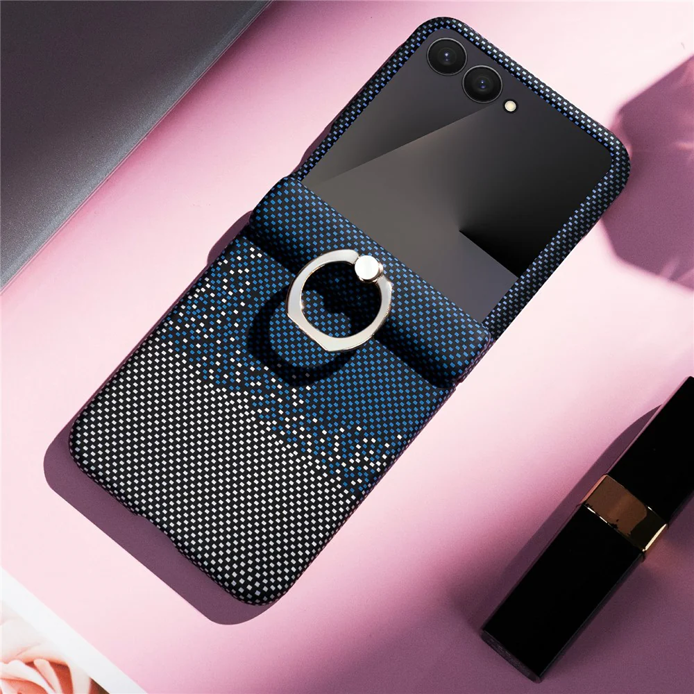 For Samsung Galaxy Z Flip7 5G Phone Case Ring Holder Kickstand PC Cover with Tempered Glass Screen Protector - Blue - Image 2