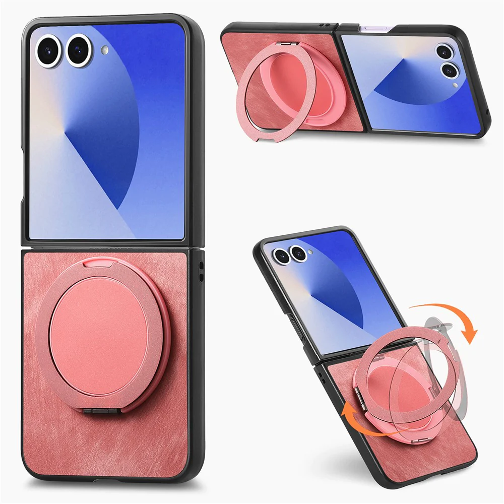 For Samsung Galaxy Z Flip7 5G Phone Case with Rotating Kickstand Stress Relief Retro Leather Back Cover - Pink
