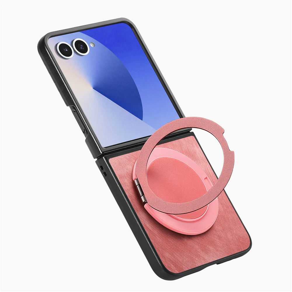 For Samsung Galaxy Z Flip7 5G Phone Case with Rotating Kickstand Stress Relief Retro Leather Back Cover - Pink - Image 3