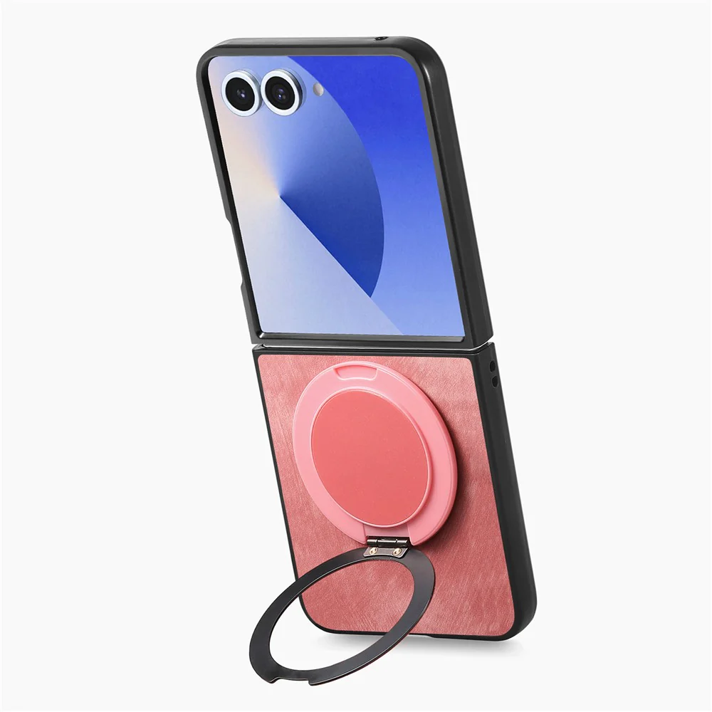 For Samsung Galaxy Z Flip7 5G Phone Case with Rotating Kickstand Stress Relief Retro Leather Back Cover - Pink - Image 4
