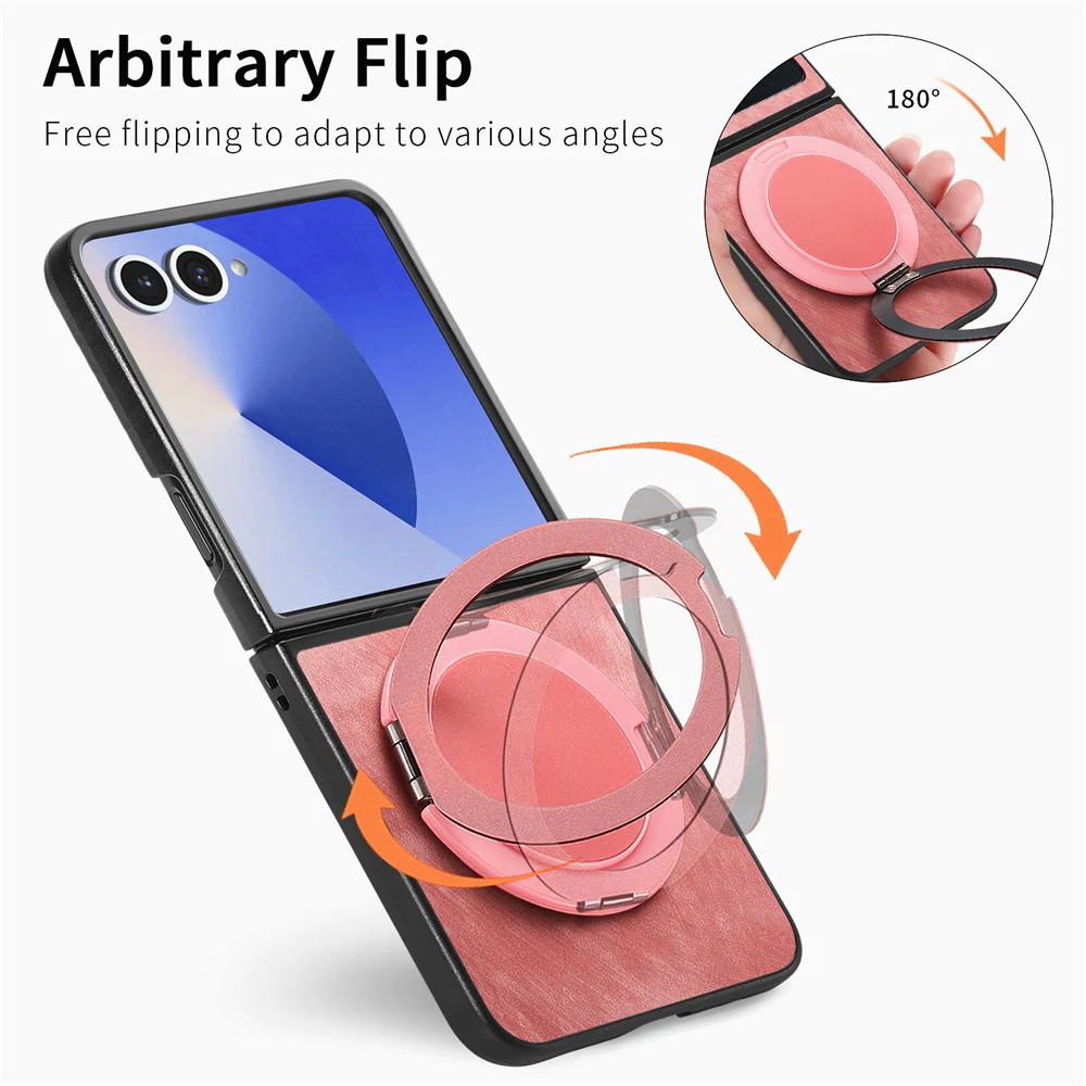 For Samsung Galaxy Z Flip7 5G Phone Case with Rotating Kickstand Stress Relief Retro Leather Back Cover - Pink - Image 5