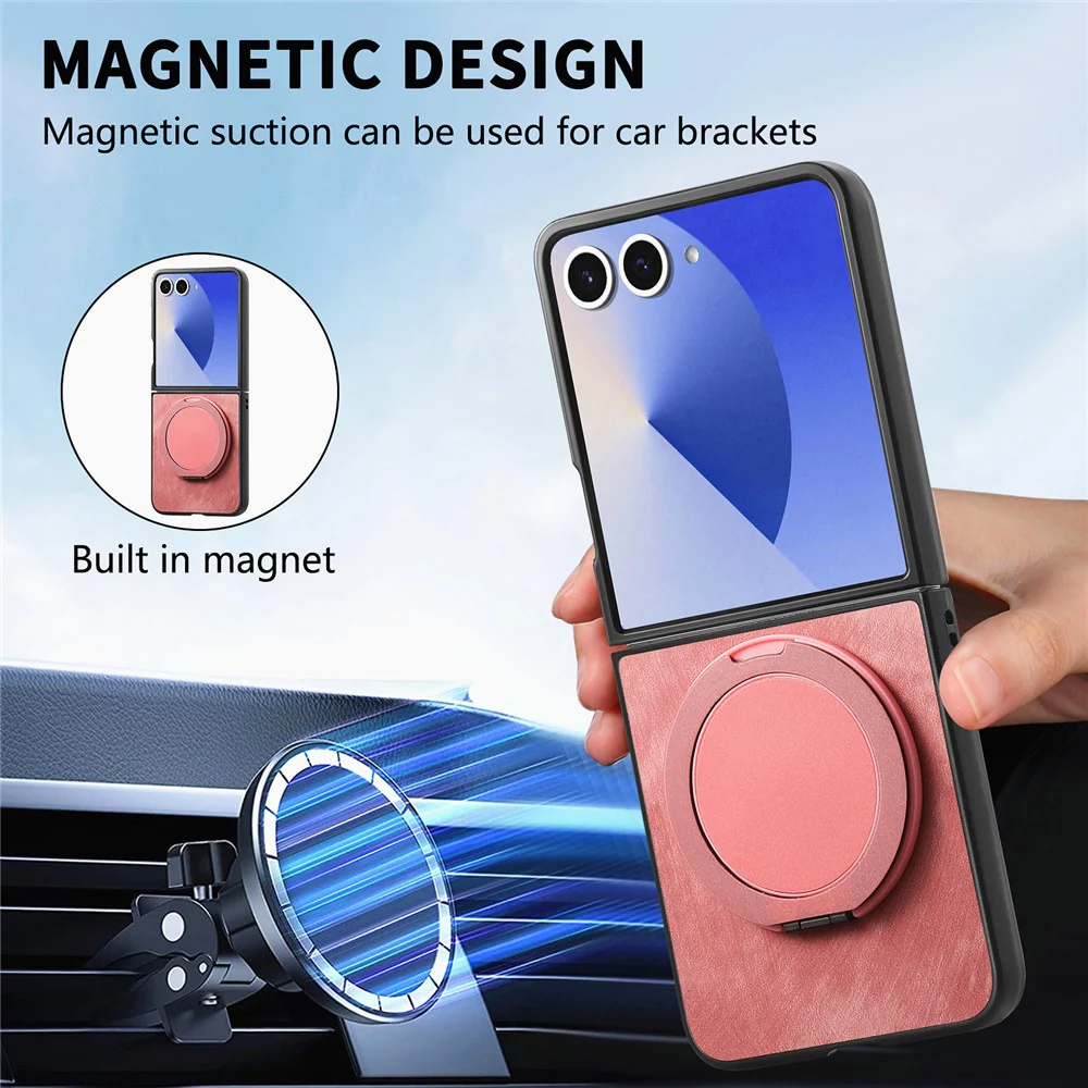For Samsung Galaxy Z Flip7 5G Phone Case with Rotating Kickstand Stress Relief Retro Leather Back Cover - Pink - Image 6