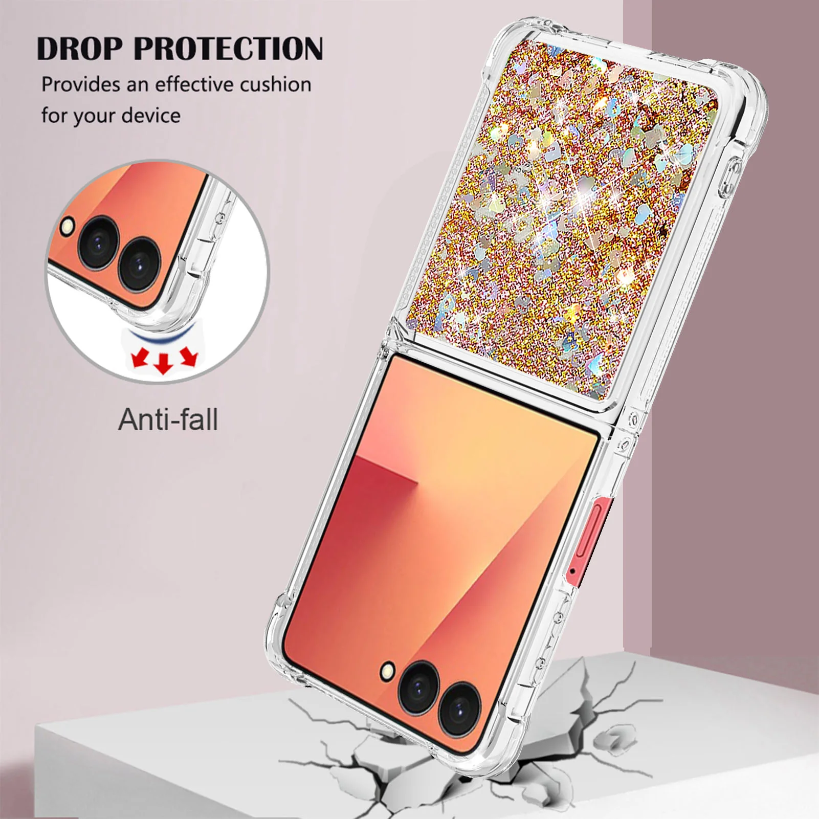 For Samsung Galaxy Z Flip7 5G TPU Case Glitter Quicksand Shockproof Phone Back Cover - Gold / Hearts - Image 5