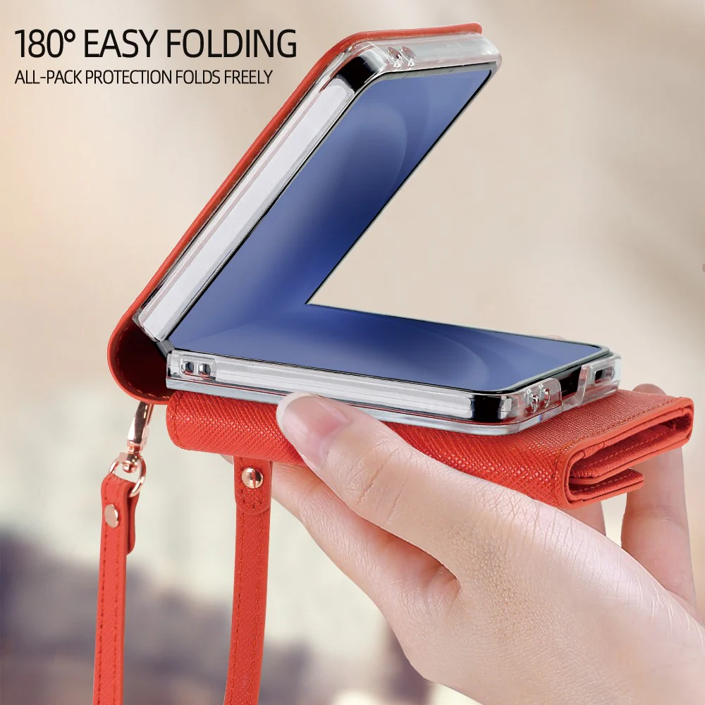 For Samsung Galaxy Z Flip7 5G Wallet Case PU + PC Shockproof Phone Cover with Wrist Strap - Orange - Image 4