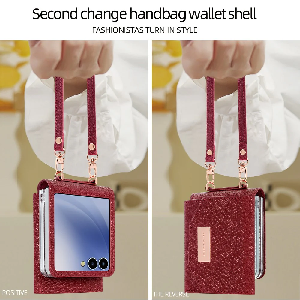 For Samsung Galaxy Z Flip7 5G Wallet Case PU + PC Shockproof Phone Cover with Wrist Strap - Red - Image 3