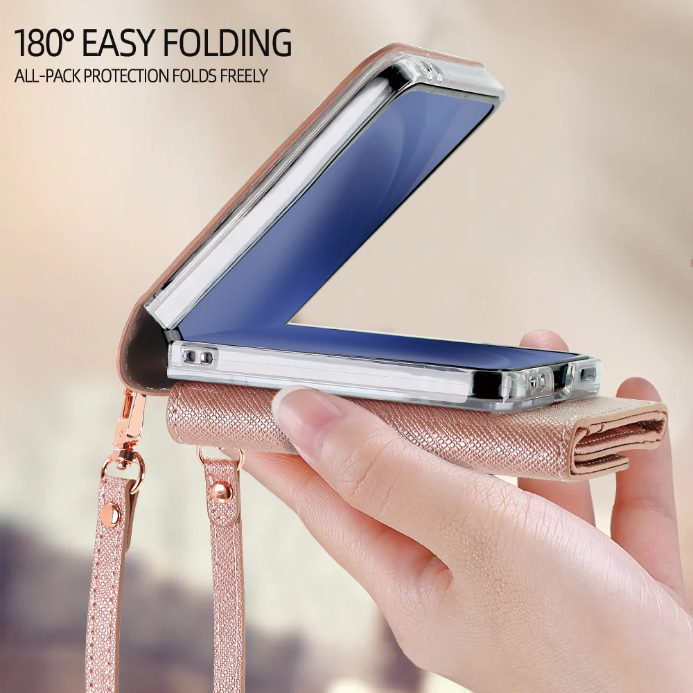 For Samsung Galaxy Z Flip7 5G Wallet Case PU + PC Shockproof Phone Cover with Wrist Strap - Rose Gold - Image 4