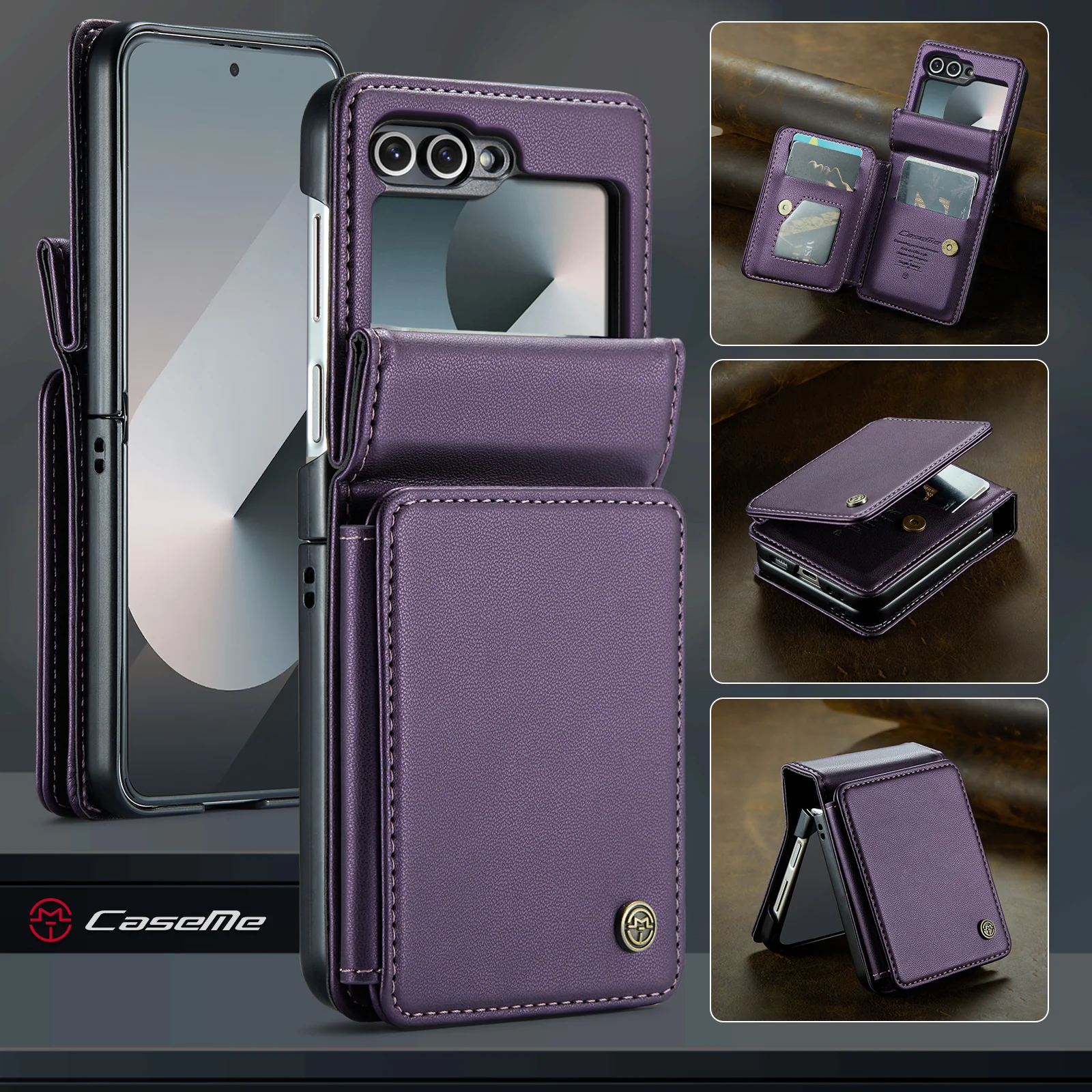 For Samsung Galaxy Z Flip7 FE 5G Case with RFID Blocking 5 Card Slots CASEME C22 Leather Back Cover - Purple - Image 4
