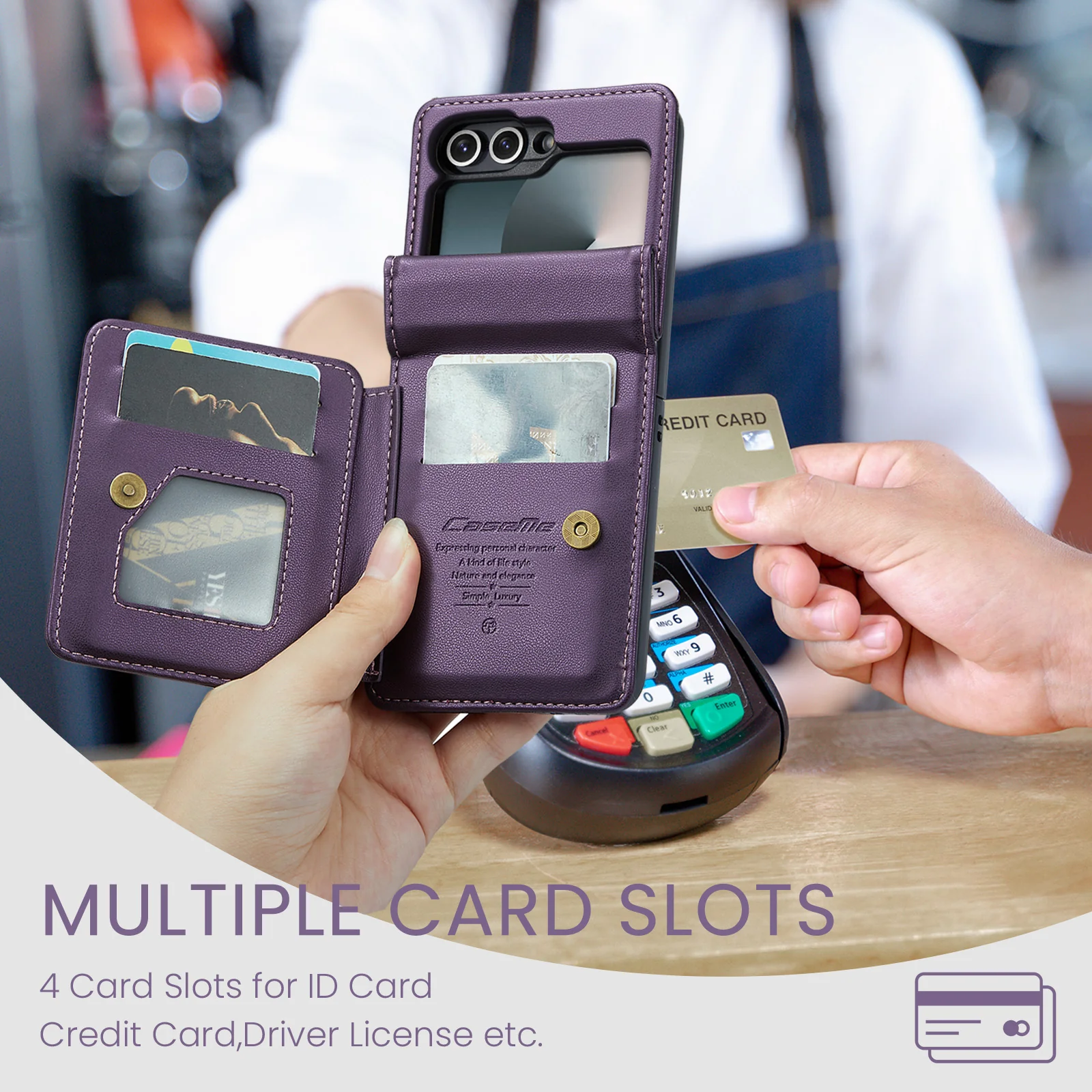 For Samsung Galaxy Z Flip7 FE 5G Case with RFID Blocking 5 Card Slots CASEME C22 Leather Back Cover - Purple - Image 6