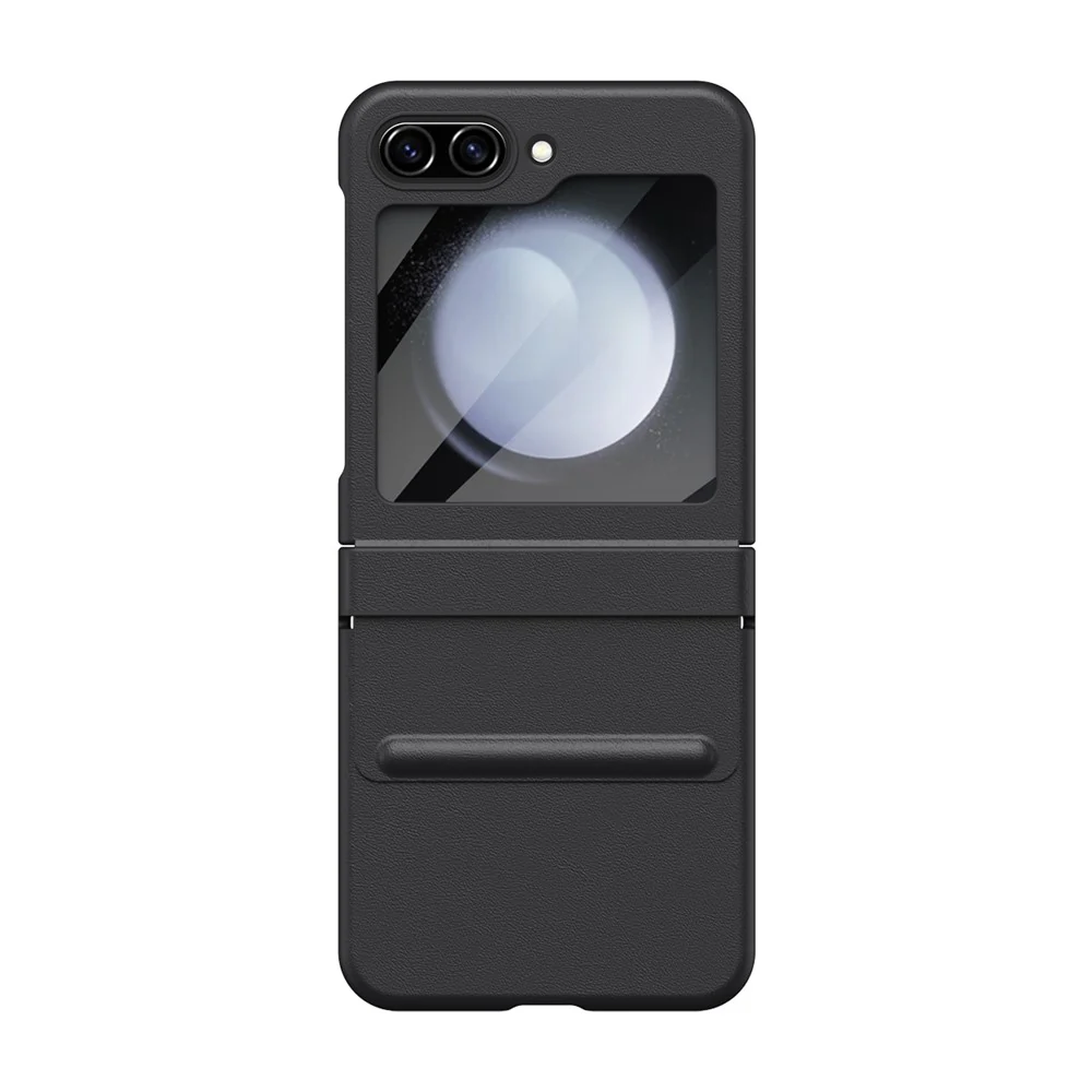 For Samsung Galaxy Z Flip7 FE 5G  /  Flip6 5G Case Hinge Leather + PC Phone Cover with Tempered Glass Film - Black - Image 3
