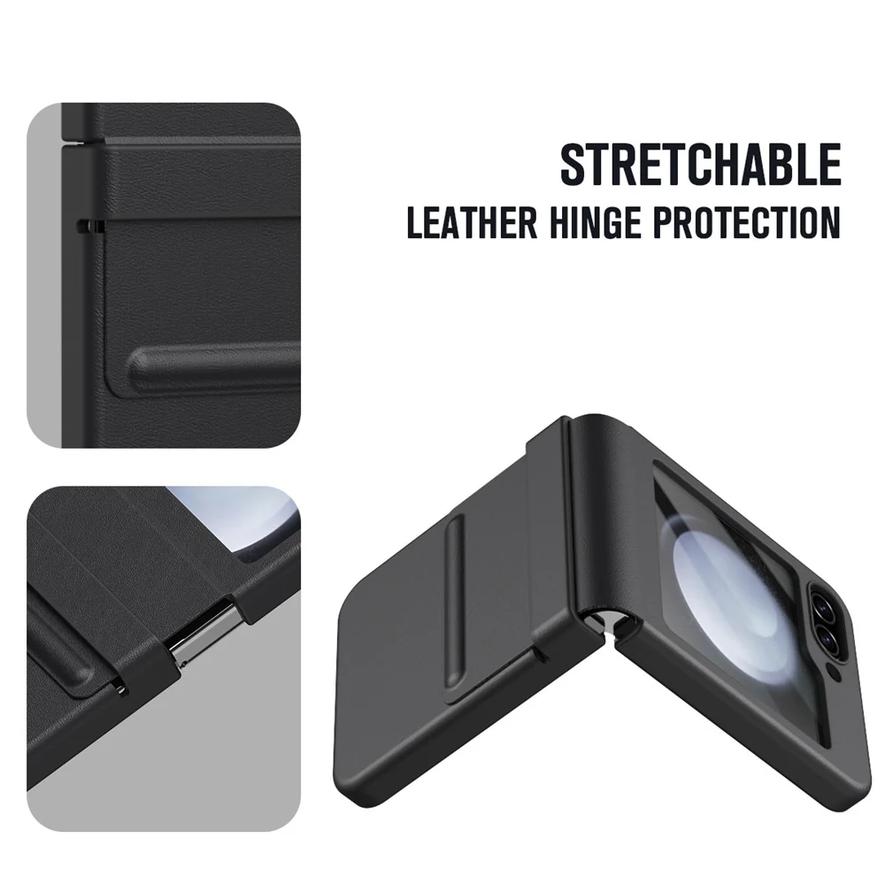 For Samsung Galaxy Z Flip7 FE 5G  /  Flip6 5G Case Hinge Leather + PC Phone Cover with Tempered Glass Film - Black - Image 6