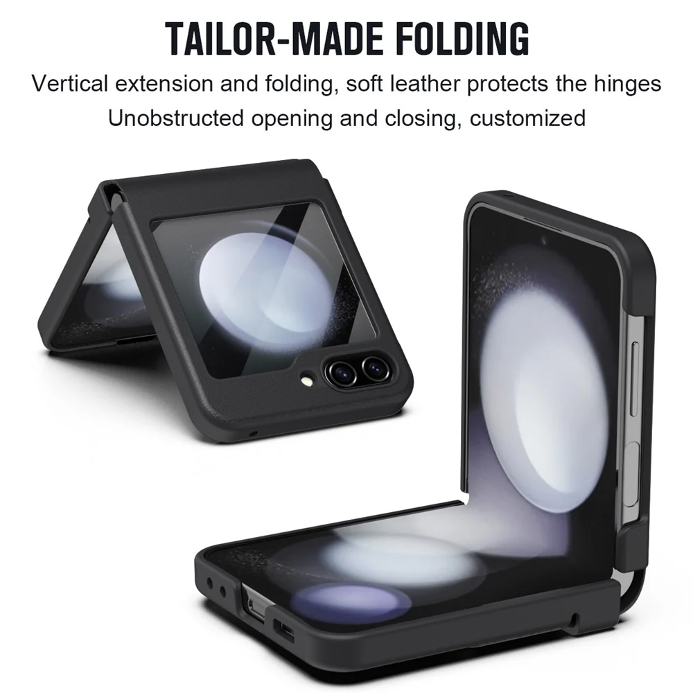 For Samsung Galaxy Z Flip7 FE 5G  /  Flip6 5G Case Hinge Leather + PC Phone Cover with Tempered Glass Film - Black - Image 7