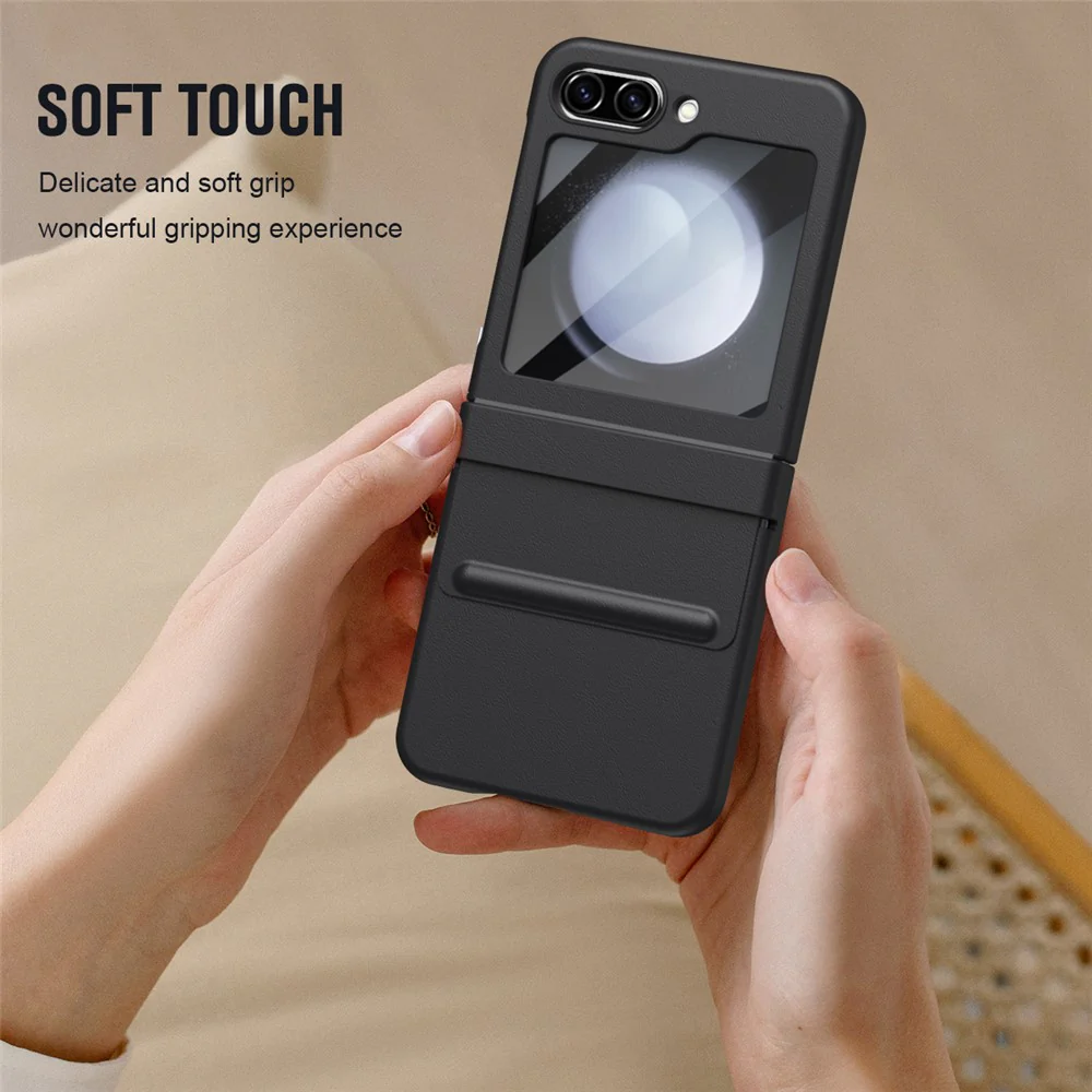 For Samsung Galaxy Z Flip7 FE 5G  /  Flip6 5G Case Hinge Leather + PC Phone Cover with Tempered Glass Film - Black - Image 8