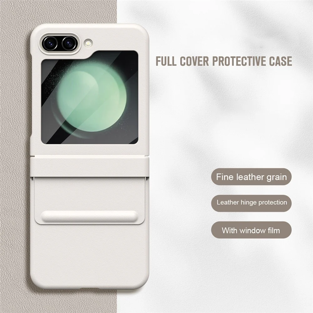 For Samsung Galaxy Z Flip7 FE 5G / Flip6 5G Case Hinge Leather + PC Phone Cover with Tempered Glass Film - White - Image 4