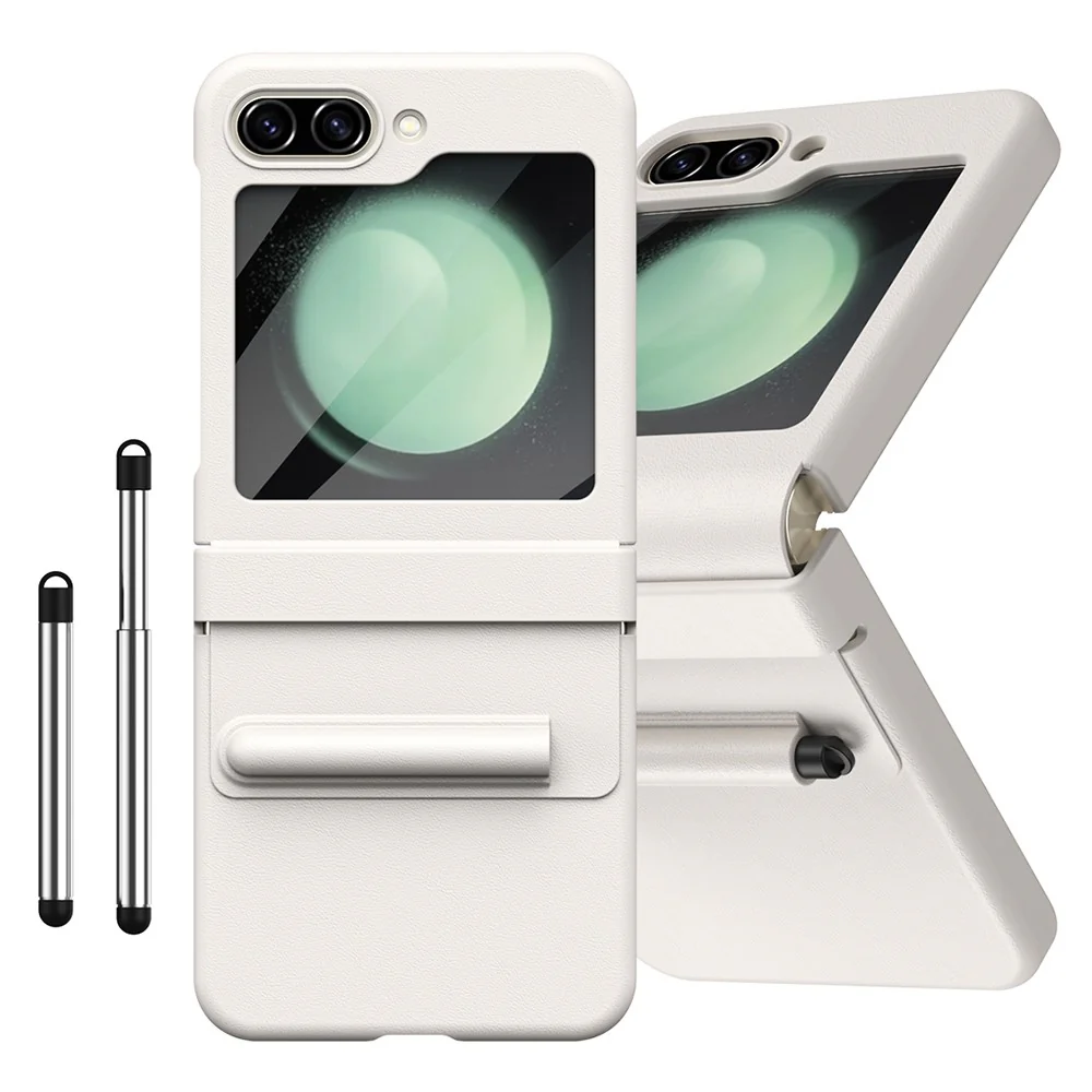 For Samsung Galaxy Z Flip7 FE 5G / Flip6 5G Hinge PU Leather PC Phone Cover with Stylus / Tempered Glass Film - White