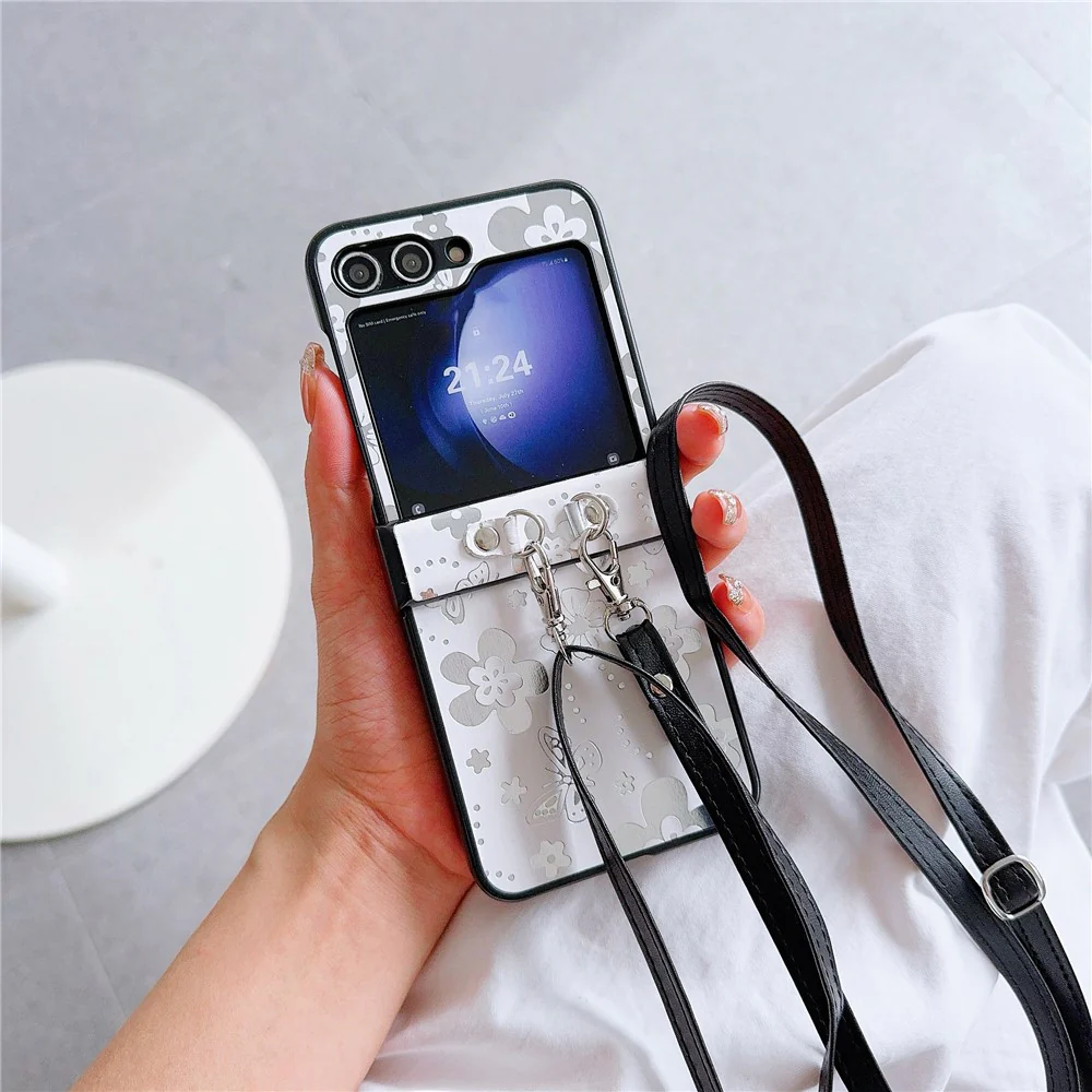 For Samsung Galaxy Z Flip7 FE 5G / Z Flip6 5G Butterfly and Flower Pattern PU Leather Coated PC Phone Cover with Crossbody Strap - White