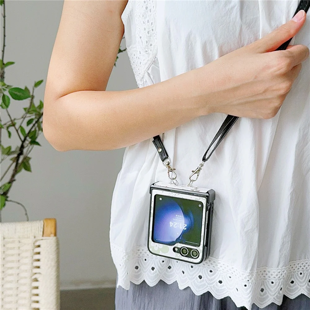 For Samsung Galaxy Z Flip7 FE 5G / Z Flip6 5G Butterfly and Flower Pattern PU Leather Coated PC Phone Cover with Crossbody Strap - White - Image 2