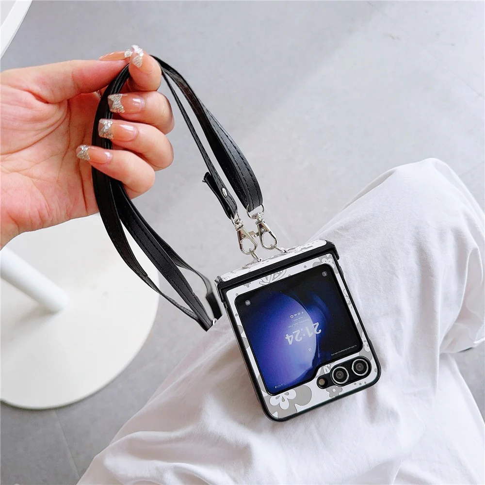 For Samsung Galaxy Z Flip7 FE 5G / Z Flip6 5G Butterfly and Flower Pattern PU Leather Coated PC Phone Cover with Crossbody Strap - White - Image 3