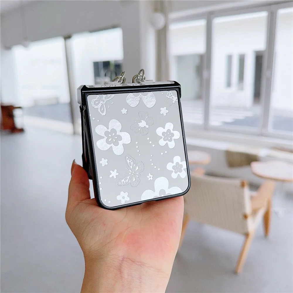 For Samsung Galaxy Z Flip7 FE 5G / Z Flip6 5G Butterfly and Flower Pattern PU Leather Coated PC Phone Cover with Crossbody Strap - White - Image 4