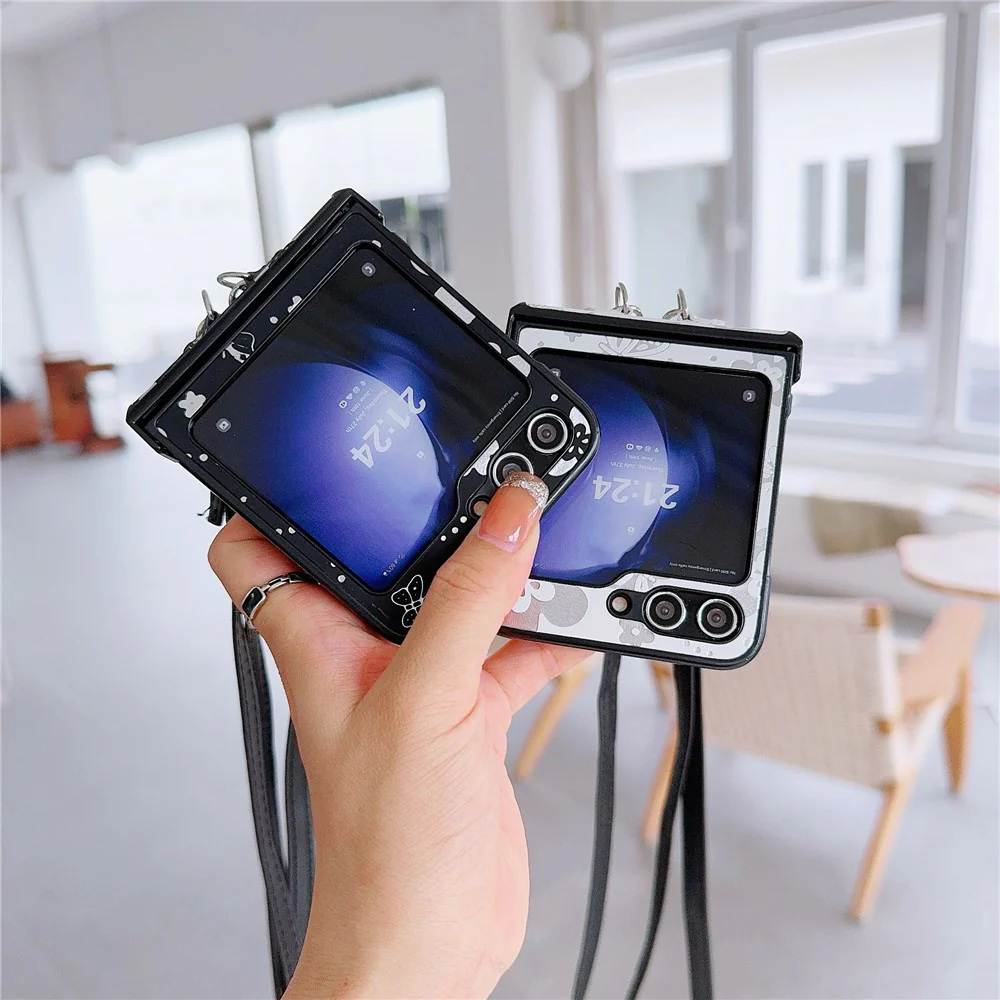 For Samsung Galaxy Z Flip7 FE 5G / Z Flip6 5G Butterfly and Flower Pattern PU Leather Coated PC Phone Cover with Crossbody Strap - White - Image 5