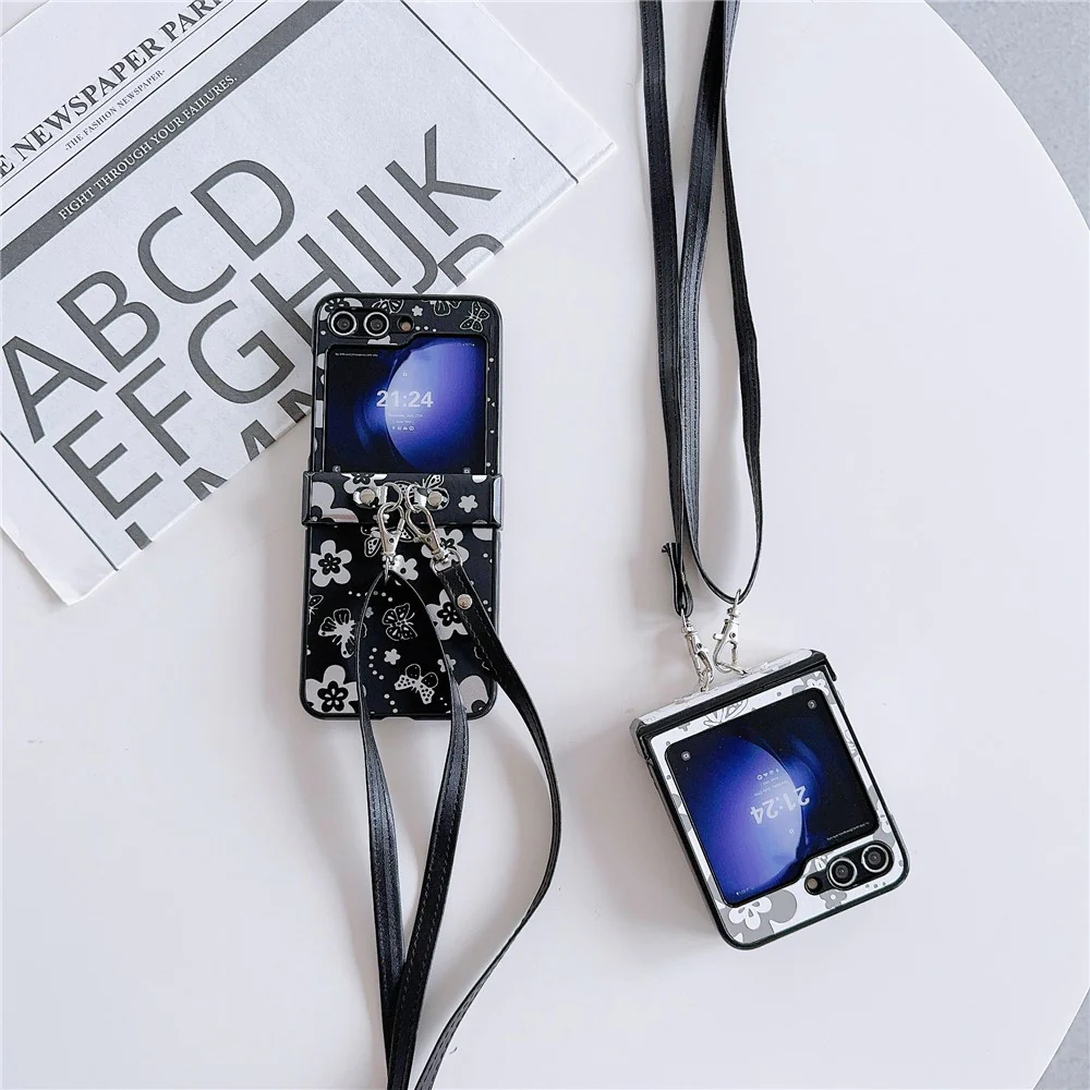 For Samsung Galaxy Z Flip7 FE 5G / Z Flip6 5G Butterfly and Flower Pattern PU Leather Coated PC Phone Cover with Crossbody Strap - White - Image 6
