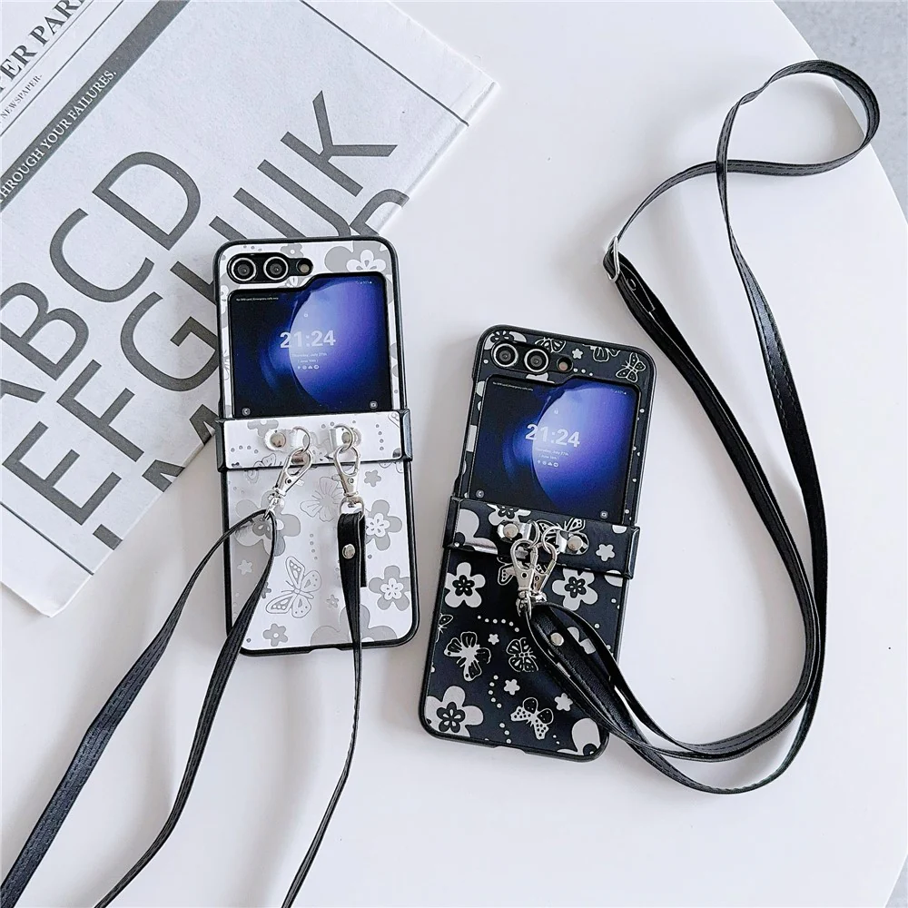 For Samsung Galaxy Z Flip7 FE 5G / Z Flip6 5G Butterfly and Flower Pattern PU Leather Coated PC Phone Cover with Crossbody Strap - White - Image 7