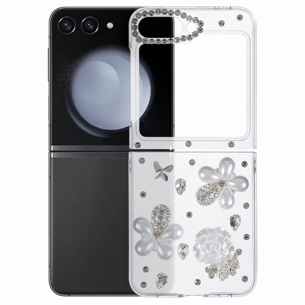 For Samsung Galaxy Z Flip7 FE 5G / Z Flip6 5G Case 2-Piece Design Hard Plastic Phone Shell with Rhinestone Decor - Flower