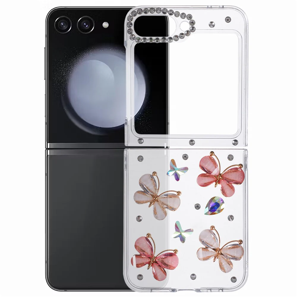 For Samsung Galaxy Z Flip7 FE 5G / Z Flip6 5G Case 2-Piece Design Rhinestone Decor Plastic Phone Cover - Butterflies