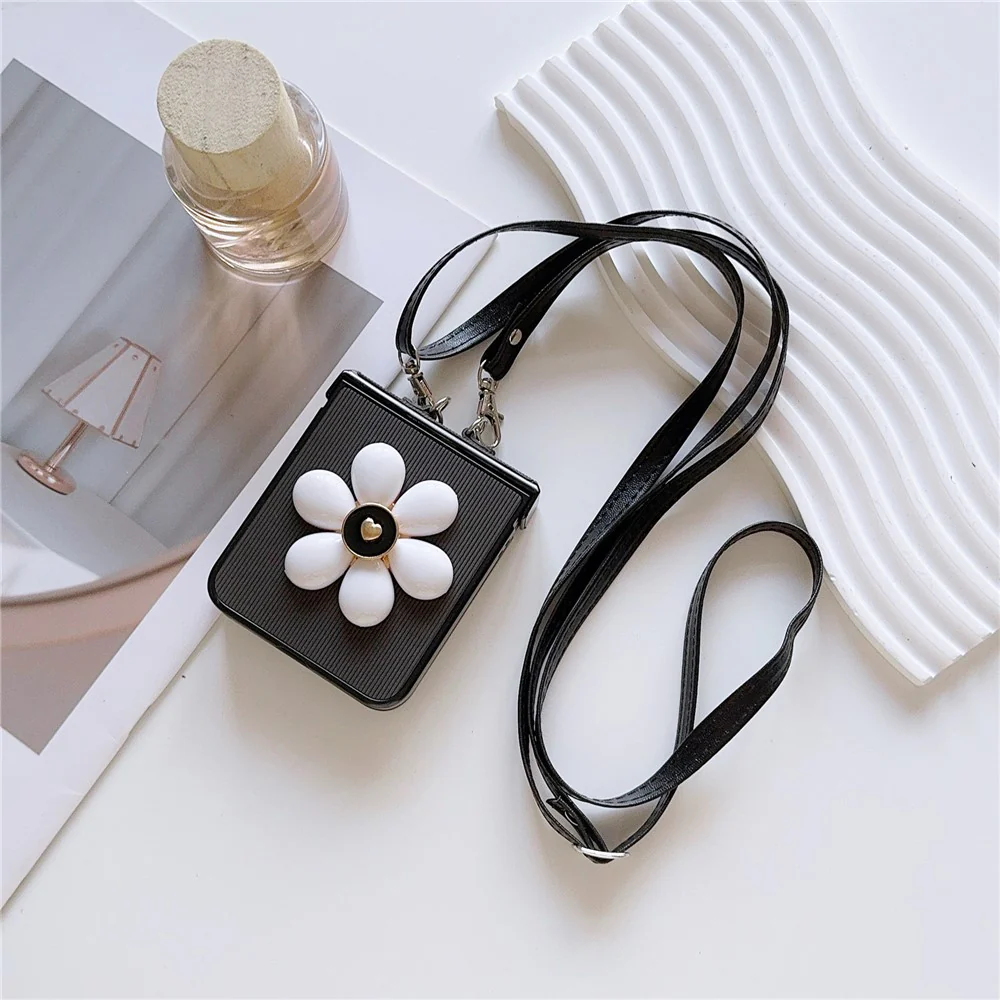 For Samsung Galaxy Z Flip7 FE 5G / Z Flip6 5G Case 3D Flower Leather+PC Phone Cover with Crossbody Strap - Black - Image 2
