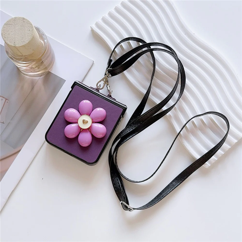 For Samsung Galaxy Z Flip7 FE 5G / Z Flip6 5G Case 3D Flower Leather+PC Phone Cover with Crossbody Strap - Purple - Image 2