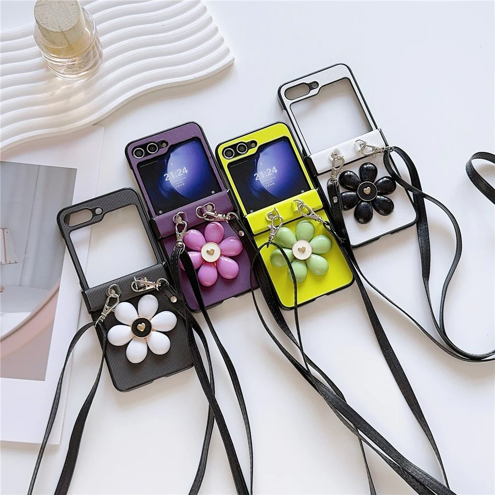 For Samsung Galaxy Z Flip7 FE 5G / Z Flip6 5G Case 3D Flower Leather+PC Phone Cover with Crossbody Strap - White - Image 4