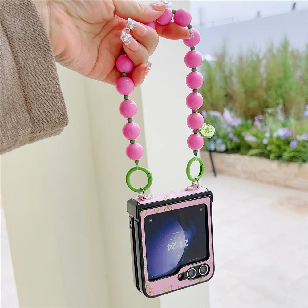 For Samsung Galaxy Z Flip7 FE 5G / Z Flip6 5G Case Anti Drop PC + PU Phone Back Cover with Beaded Strap Pattern Design - Tulip Pink - Image 2