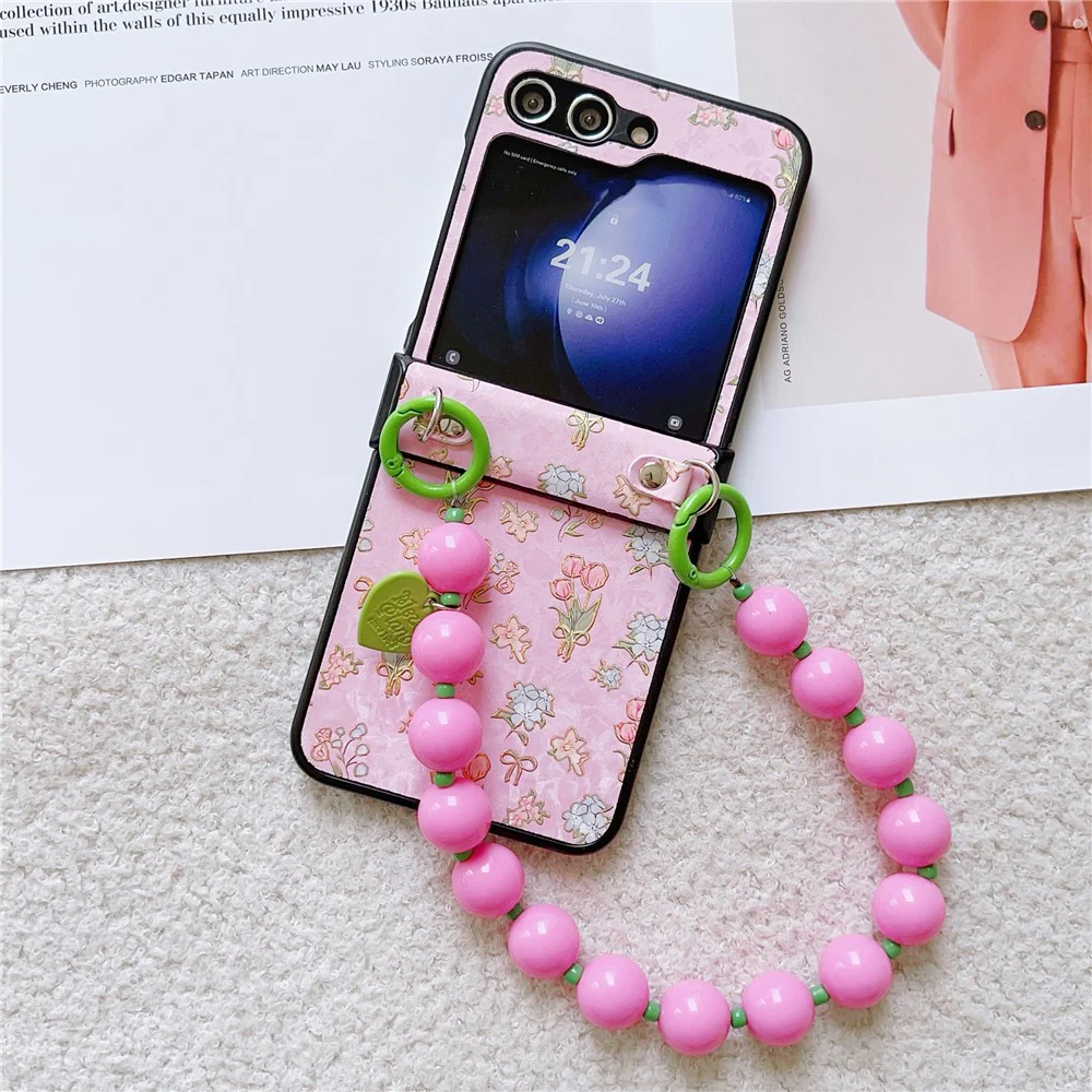 For Samsung Galaxy Z Flip7 FE 5G / Z Flip6 5G Case Anti Drop PC + PU Phone Back Cover with Beaded Strap Pattern Design - Tulip Pink - Image 3