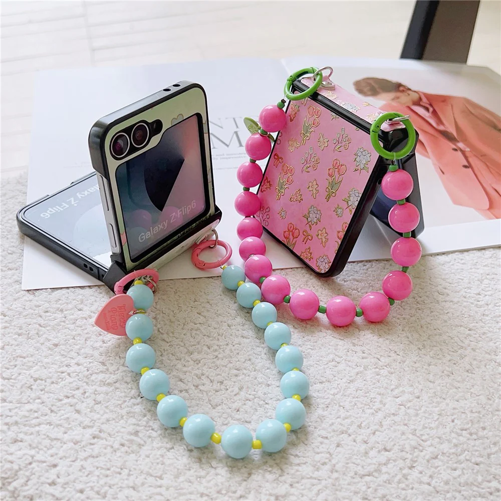 For Samsung Galaxy Z Flip7 FE 5G / Z Flip6 5G Case Anti Drop PC + PU Phone Back Cover with Beaded Strap Pattern Design - Tulip Pink - Image 7
