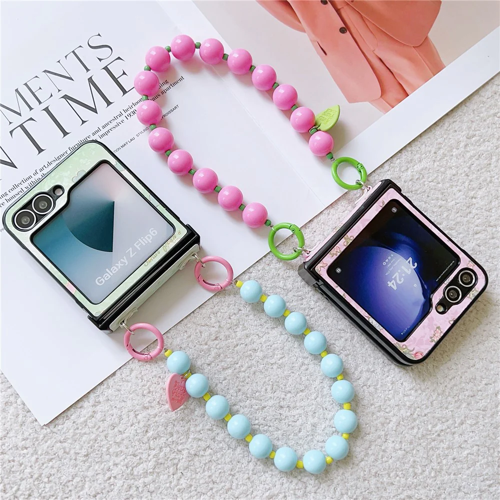 For Samsung Galaxy Z Flip7 FE 5G / Z Flip6 5G Case Anti Drop PC + PU Phone Back Cover with Beaded Strap Pattern Design - Tulip Pink - Image 8