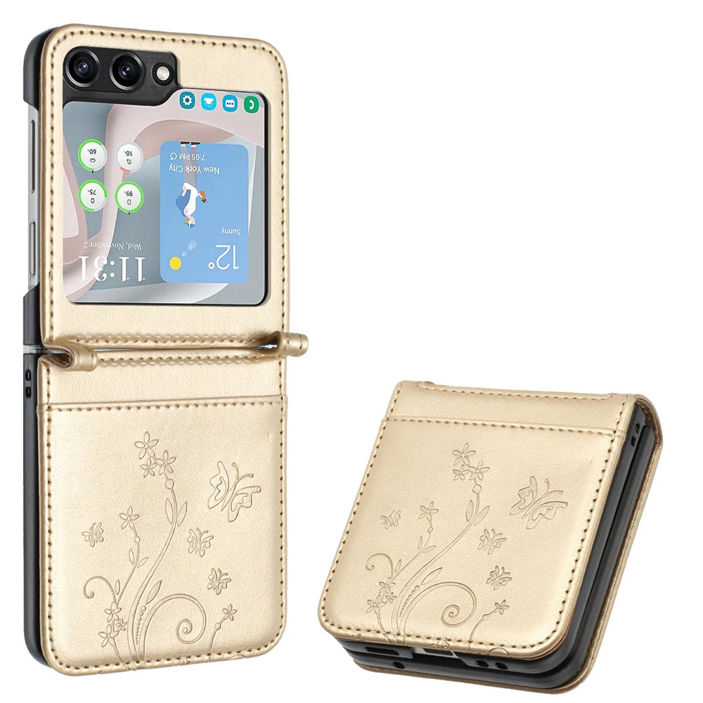 For Samsung Galaxy Z Flip7 FE 5G / Z Flip6 5G Case Butterfly Flower Imprinted Leather Phone Cover - Gold