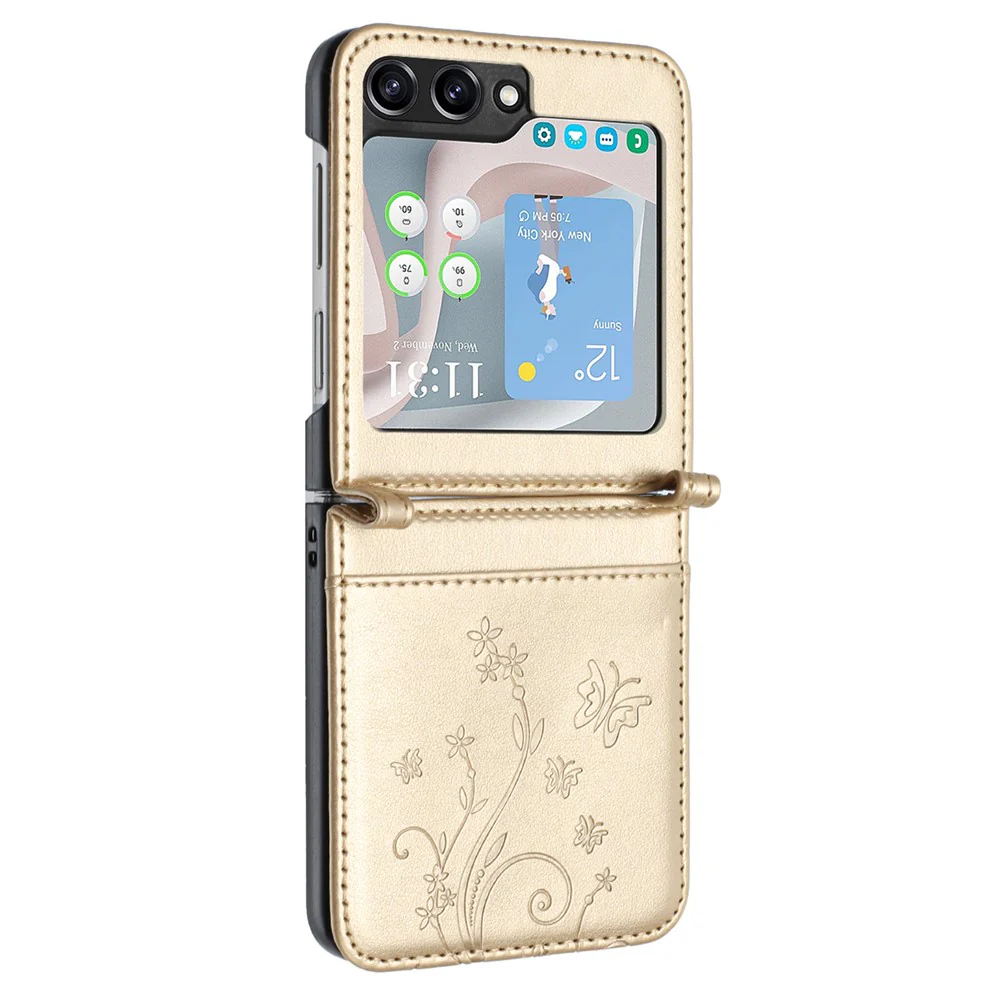 For Samsung Galaxy Z Flip7 FE 5G / Z Flip6 5G Case Butterfly Flower Imprinted Leather Phone Cover - Gold - Image 2