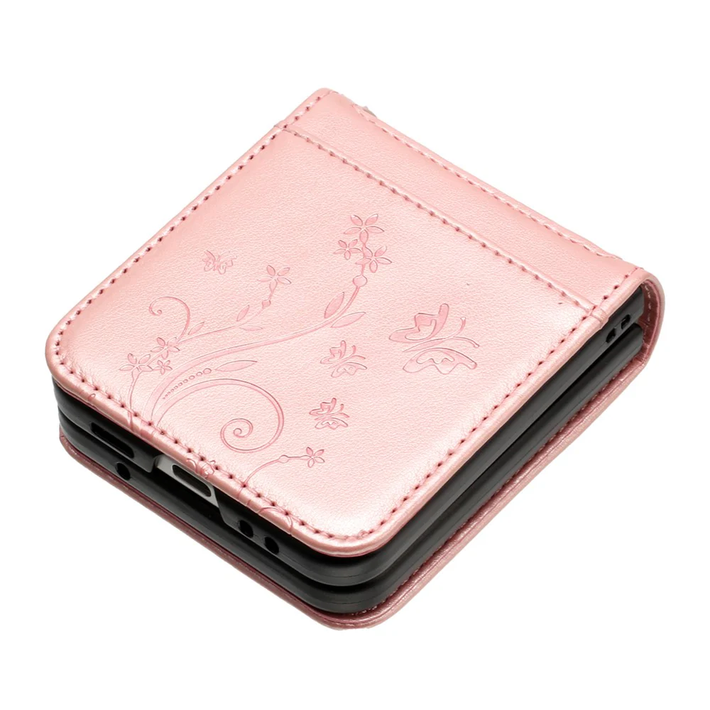 For Samsung Galaxy Z Flip7 FE 5G / Z Flip6 5G Case Butterfly Flower Imprinted Leather Phone Cover - Rose Gold - Image 4